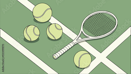 tennis balls and racket on green synthetic grass court background. top view with copy space   