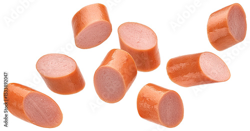 Sausage slices isolated on white background, full depth of field