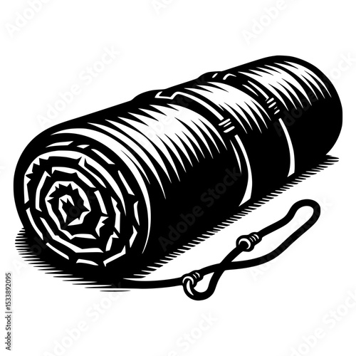 Rolled up camping sleeping bag with strap