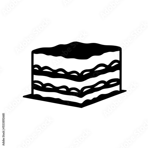 Minimalist black silhouette of tiramisu slice with distinct layers on white background