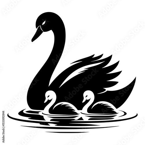 Black swan with two cygnets on water
