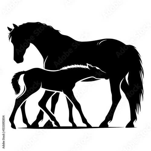 Mare and foal silhouette motherly bond in nature