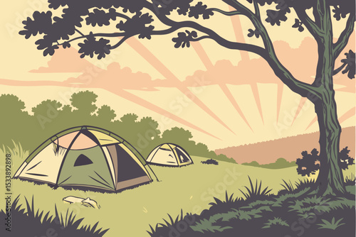 Tent camping in mountains or forests offers adventurous summer travel amidst nature's green landscapes, ideal for outdoor leisure and night skies
