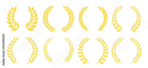 Vector green laurels set. Circular foliage laurels branches. Laurel wreath silhouette. Trophy crest. Greek olive branch award, winner round emblem Vector