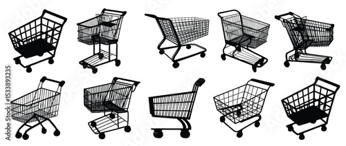Shopping cart icon set. Shopping trolley in outline. Web cart in line. Shop symbol in black. Trolley icon. Stock vector illustration.