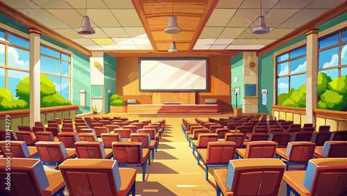 Empty lecture hall with wooden seats and a large screen at the front. The room is lit by natural light coming from the large windows.