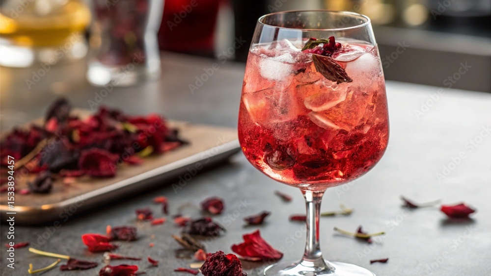 botanical cocktails concept A refreshing drink garnished with petals, surrounded by scattered dried flowers on a dark surface. botanical cocktails concept A refreshing drink garnished with petals, surrounded by scattered dried flowers on a dark surface.