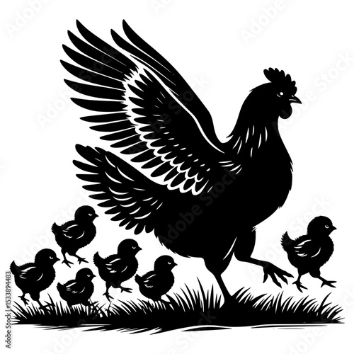 Black silhouette hen with chicks in grass