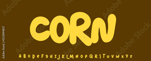 Summer Corn Grains, joyful lettering, cartoon rounded typography. Childish font for friendly logo headline of culinary recipe book, sweets, ice cream title. Food typographic design. Vector typeset.
