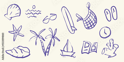 Italian Greek style vacation hand drawn vector illustrations in grunge chalk or charcoal rough doodle sketch style elements. Summer vacation in an ink simple style. Drawings for a poster,