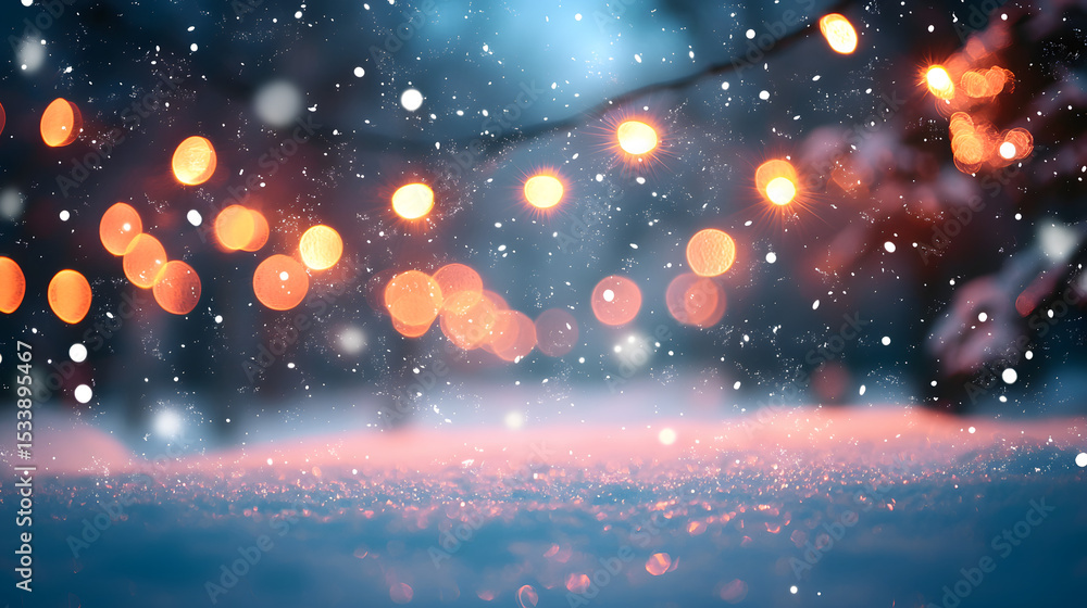 Obraz premium Abstract background Christmas lights in winter landscape with snow, lights bokeh