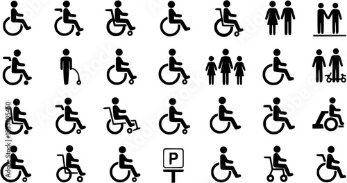 
Disabled icons, Wheelchair symbols, handicapped access signs set. Wheelchair, handicapped access sign or symbols. Disabled handicap icons. Wheelchair icon symbol set 