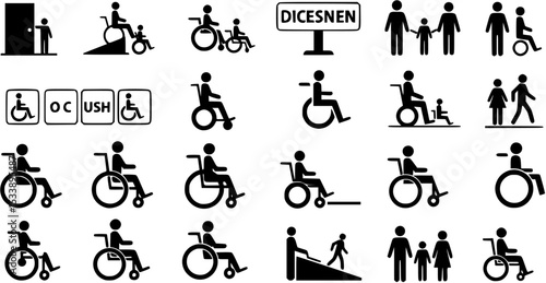 
Disabled icons, Wheelchair symbols, handicapped access signs set. Wheelchair, handicapped access sign or symbols. Disabled handicap icons. Wheelchair icon symbol set 
