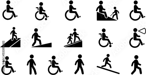 
Disabled icons, Wheelchair symbols, handicapped access signs set. Wheelchair, handicapped access sign or symbols. Disabled handicap icons. Wheelchair icon symbol set 