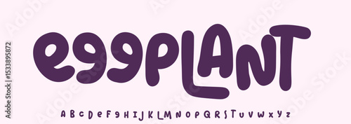 Summer Eggplant vegetable, joyful lettering, cartoon rounded typography. Childish font for friendly logo headline of culinary recipe book, sweets, ice cream. Food typographic design. Vector typeset.