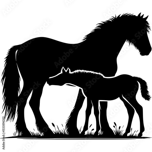 Mare and foal silhouette in grassland