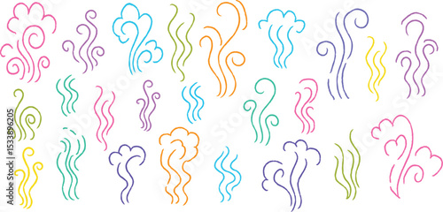 Smoke icon set. Hand drawn colorful smoke and steam icons. Crayon doodle style aroma lines for hot coffee, fire, incense, cooking scent, breeze, vapor swirl. Artistic vector sketch elements.