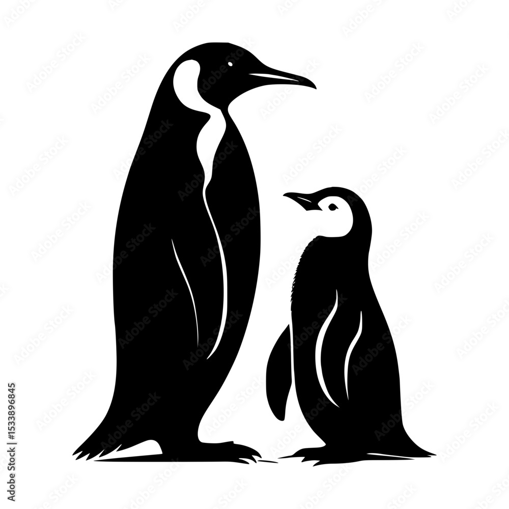 Naklejka premium Adult and baby penguin silhouettes
