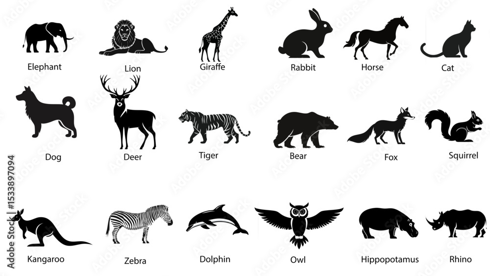 Fototapeta premium Silhouette Animal Icon Set Featuring Wild and Domestic Creatures in Minimalist Style