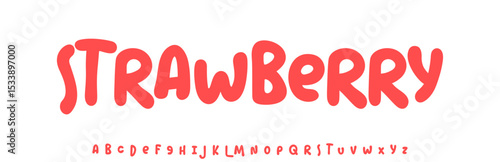 Summer Strawberry, joyful lettering, cartoon rounded typography. Childish font for friendly logo headline of culinary recipe book, sweets, ice cream title. Food typographic design. Vector typeset.