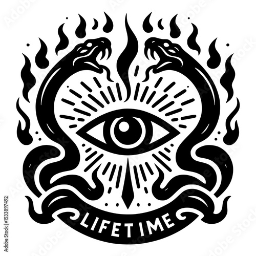 All seeing eye with twin snakes and flames lifetime design