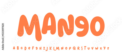 Summer Mango, joyful lettering, cartoon rounded typography. Childish font for friendly logo headline of culinary recipe book, sweets, ice cream title. Food typographic design. Vector typeset.