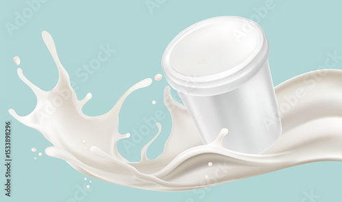 Milk liquid splashing isolated on solid color background. Realistic vector in 3D elements. Food and Drink concepts.