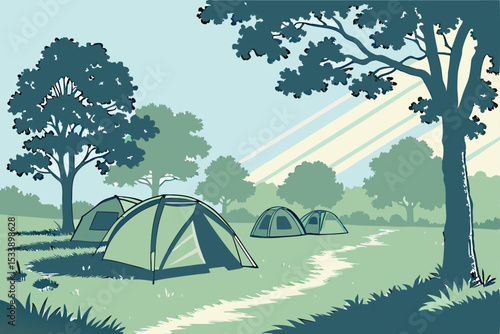 Tent pitched in a green mountain forest campsite, perfect for a summer outdoor adventure