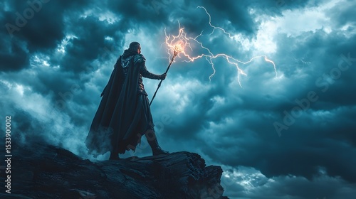 Powerful mage summoning lightning from their staff on a cliff surrounded by storm clouds and magical glowing runes high-energy fantasy portrait