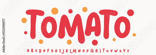Summer Tomato vegetable, joyful lettering, cartoon rounded typography. Childish font for friendly logo headline of culinary recipe book, sweets title. Food typographic design. Vector typeset.