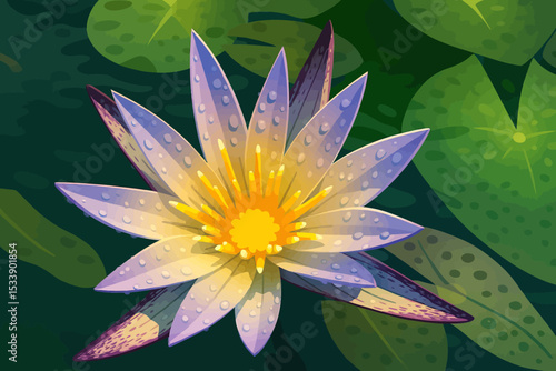 A beautiful, stylized illustration of a blooming water lily floating on the surface of a calm pond. The flower features elongated, pale purple petals with subtle gradients of white and hints of pink