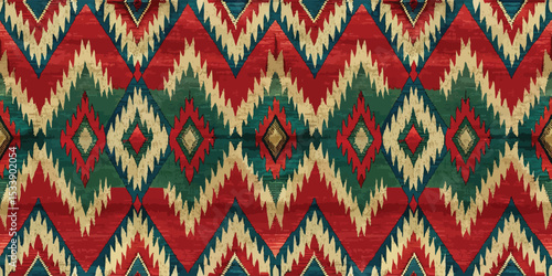 Vibrant tribal print with red, green, and cream diamond patterns.