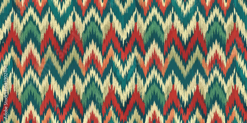 Vibrant zigzag pattern with red, green, and cream hues.