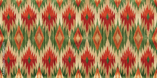 Colorful geometric pattern with vibrant red, green, and beige tones.