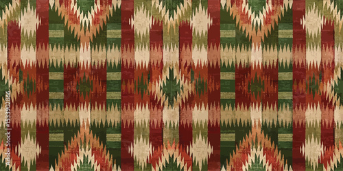 Abstract textile pattern in earthy tones featuring rich reds, greens, and browns.