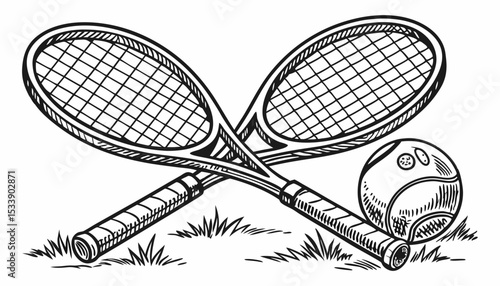 This hand-drawn artwork depicts two tennis rackets crossed over a tennis ball in intricate black and white detail, suitable for tennis and sports-themed creations  