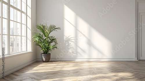 An empty white room with a wooden floor and a potted plant