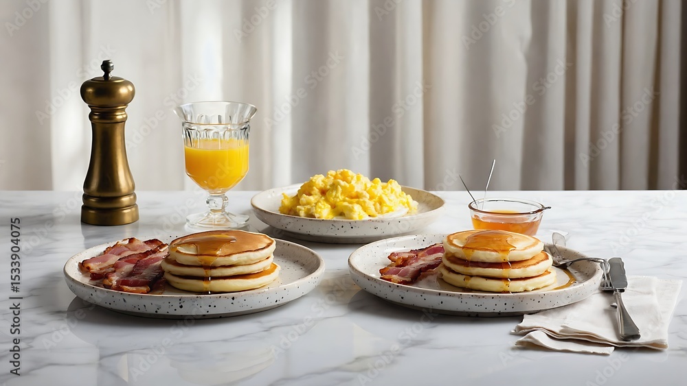 Delicious and Easy Breakfast Fluffy Pancakes, Scrambled Eggs, and Crispy Bacon Delicious and Easy Breakfast Fluffy Pancakes, Scrambled Eggs, and Crispy Bacon