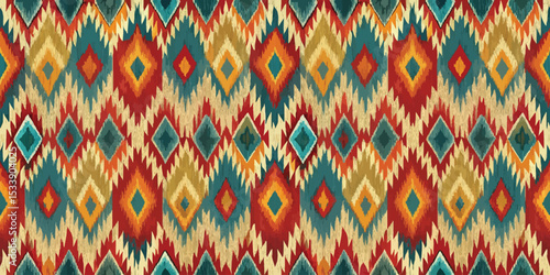 Vibrant tribal pattern with diamonds in red, teal, yellow, and beige hues.