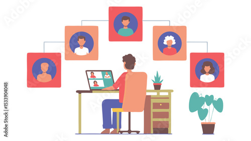 Person at desk on video call with multiple participants in a virtual meeting environment online now at home