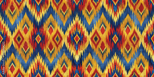 Vibrant geometric pattern in warm colors with a mix of red, blue, and gold tones.