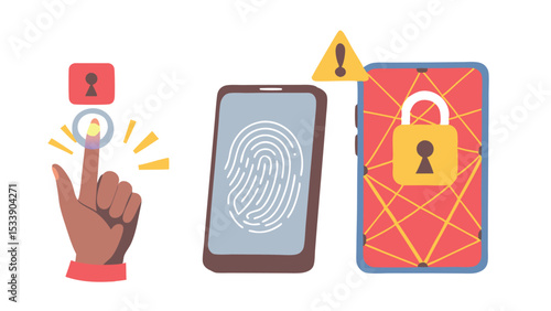 Fingerprint authentication on mobile devices with security alerts and padlock icons shown clearly