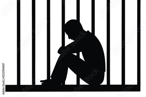 Silhouette of Depressed Man Behind Bars Conceptual Illustration of Incarceration and Sadness