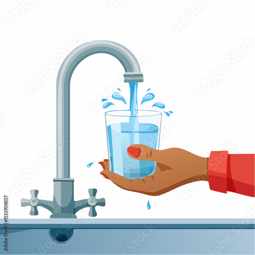 Hand Filling Glass with Fresh Water from Faucet Clean Water Illustration