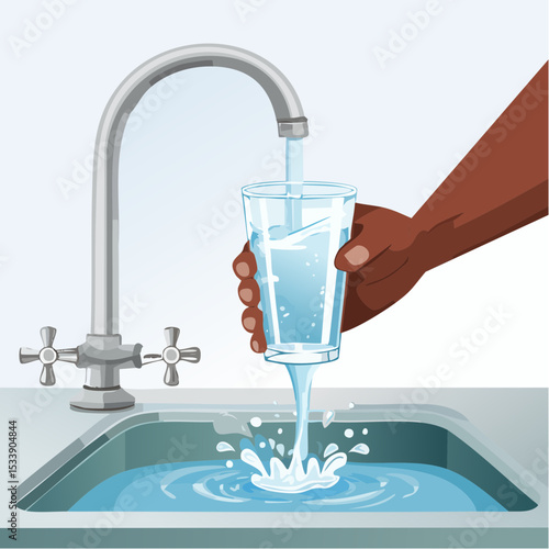 Hand Filling Glass with Fresh Water from Tap Clean Drinking Water Illustration