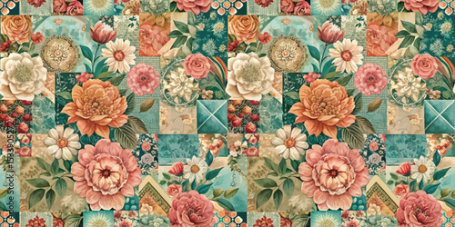 A vibrant floral patchwork design featuring various flowers in pastel tones.