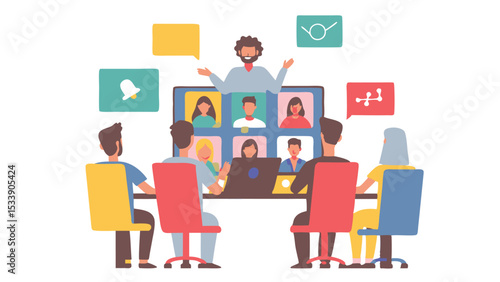 Illustration of a virtual meeting with attendees and a presenter on a large screen display view