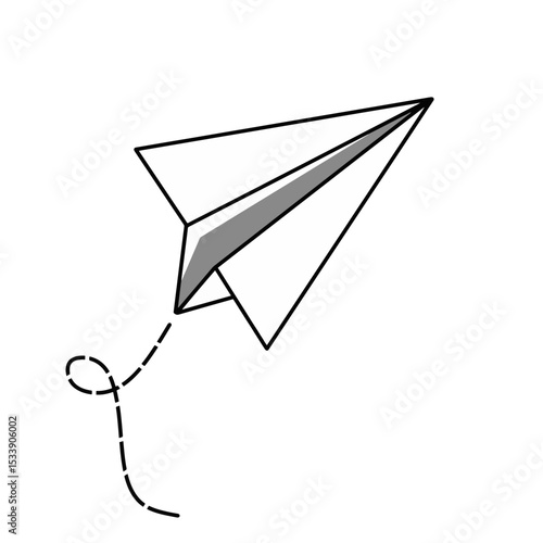 Paper plane with dotted line travel and route symbol in line style. Paper airplane with flight path vector. Hand drawn paper plane doodle