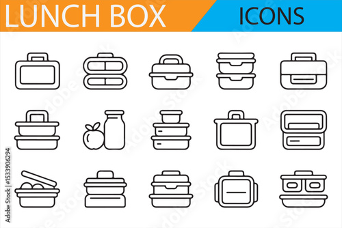 Icons Representing Portable Lunch Boxes, Containers, and Meal Prep


