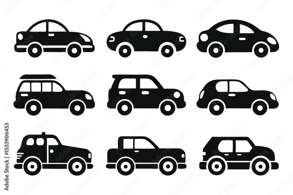 Collection of black and white car icons showing different car styles on white background
